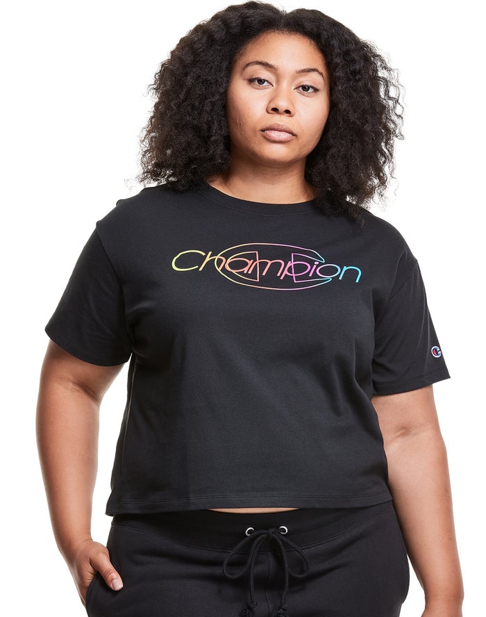 Champion T-Shirt Dames - Zwart - Plus Lightweight Cropped Rainbow Logo ( 853192-LWF )